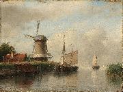 Andreas Schelfhout Dutch boats moored on a river beside a windmill oil painting